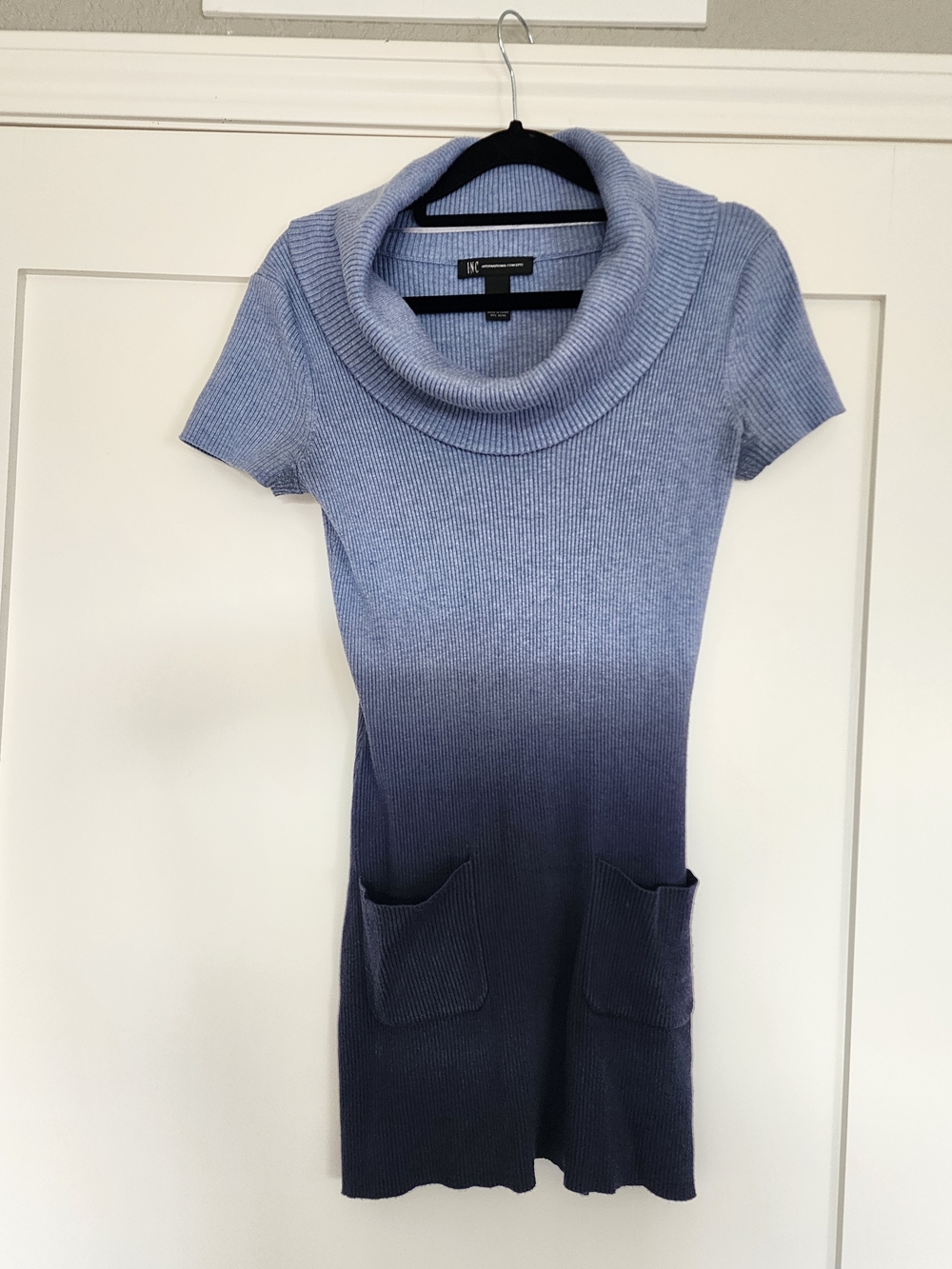 INC Blue Ombré Ribbed Sweater Dress Tunic M Cowl Neck Pockets